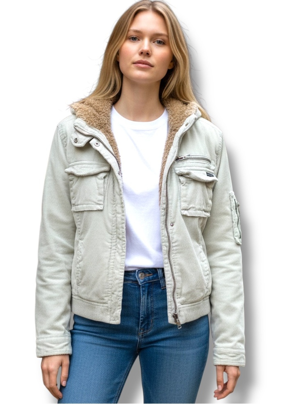 Sanctuary Y2K Light Blue Corduroy Bomber Jacket with Faux-Sherpa Collar